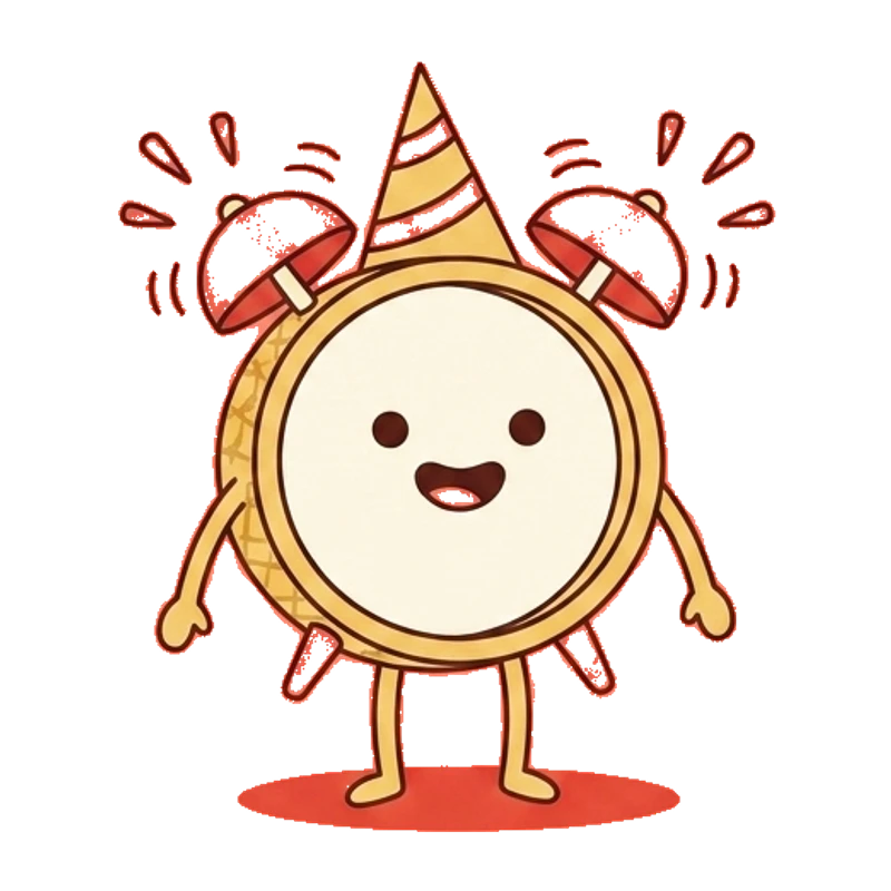 An alarm clock wearing a party hat.