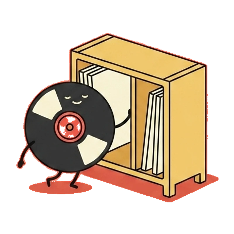 A vinyl record sliding itself into a shelf.