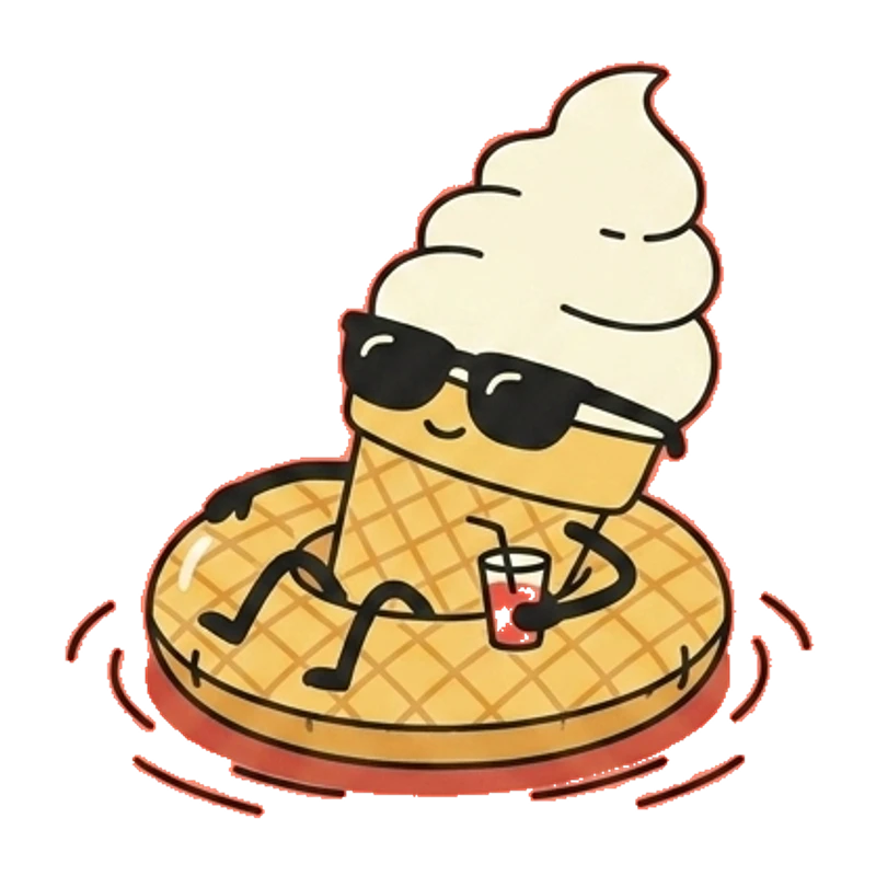 An ice cream cone sitting back with a newspaper, a small scoop of soft serve beside it.