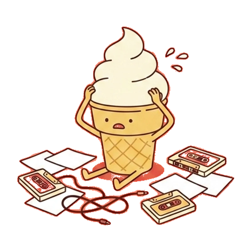 The ice cream cone, hands on its head, among papers, a tangled cable and cassettes.