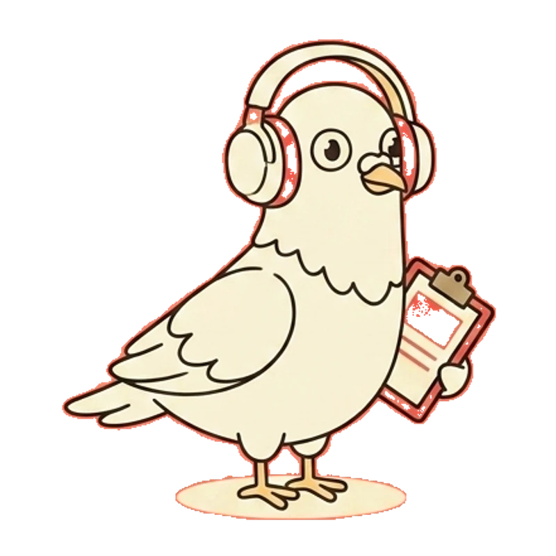A carrier pigeon wearing headphones, holding a clipboard.