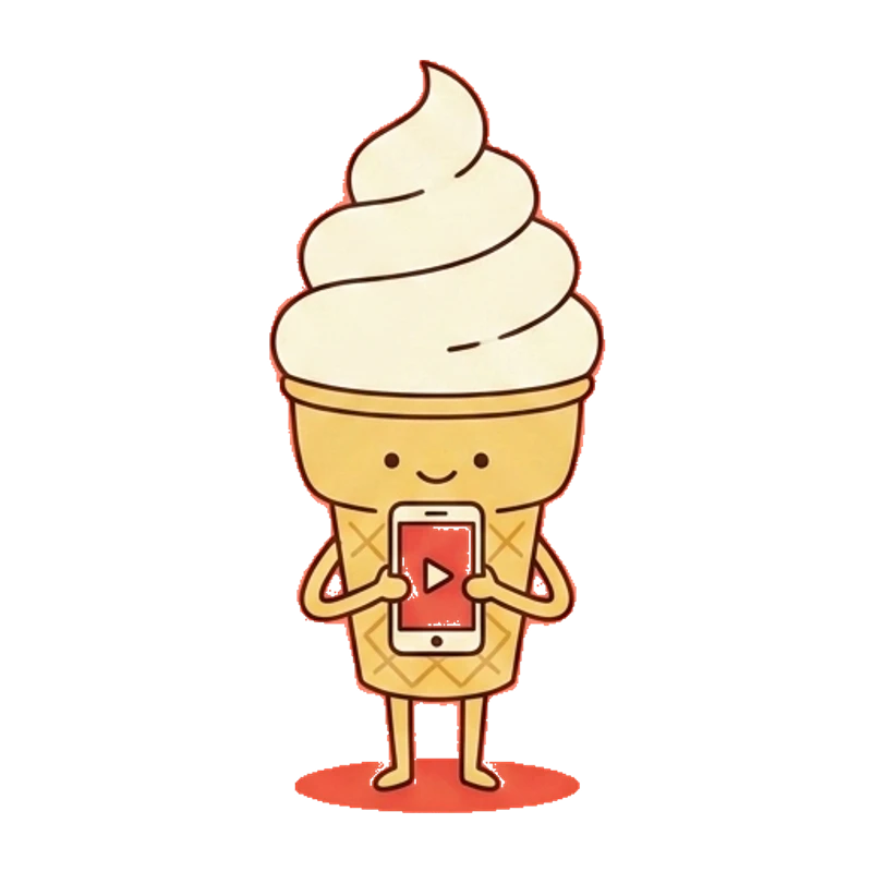 The ice cream cone holding a phone with a reel playing.